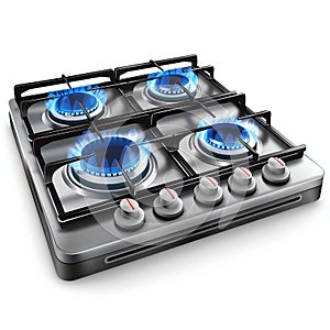 Modern Gas Stove Top with Blue Flames Isolated on White. Generative ai