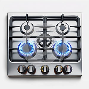 Modern Gas Stove Top with Blue Flames  on White. Generative ai