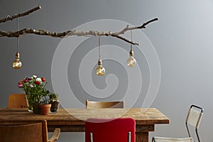 Modern gastronomy urban style wooden table with branch lamp