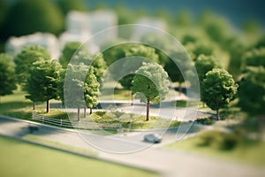 modern generic contemporary style miniature model of glass and trees of a landscaped park with tilt-shift focus technique - mixed
