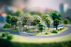 modern generic contemporary style miniature model of glass and trees of a landscaped park with tilt-shift focus technique - mixed