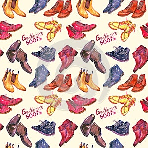 Modern gentlemen`s boots collection with inscription, seamless pattern on soft yellow background