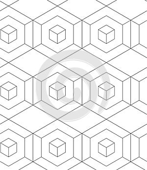 MODERN GEOMETRIC CUBIC SEAMLESS VECTOR PATTERN. CROSSING LINEAR MESH MONOCHROME TEXTURE. HEXAGON POLYGON BACKGROUND