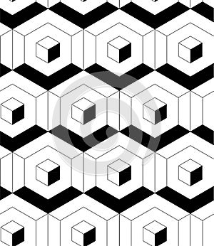 MODERN GEOMETRIC CUBIC SEAMLESS VECTOR PATTERN. CROSSING LINEAR MESH MONOCHROME TEXTURE. HEXAGON POLYGON BACKGROUND