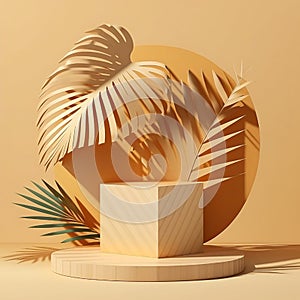 Modern geometric design oak wooden podium, beautiful wood grain, tropical palm tree in sunlight, leaf shadow on blank beige wall