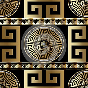 Modern geometric greek seamless pattern. Vector gold meander background. 3d wallpaper with greek key ornament. Ornate fabric