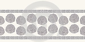 Modern geometric hand drawn seed circle border. Repeating abstract spotty polka dot background. Organic polka dot textured shape.