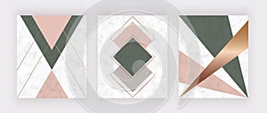 Modern geometric marble design with golden lines, pink and green triangles and hexagons shapes. Fashion background for banner, gra