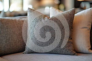 Modern geometric pattern pillow resting on comfortable sofa