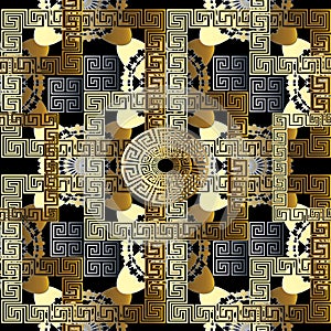 Modern geometric seamless pattern. Vector gold black meander background. 3d wallpaper with greek key ornaments. Ornamental floral