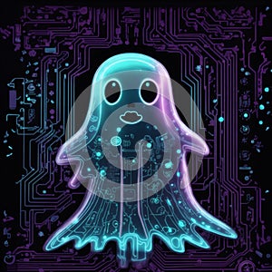 modern ghost of computer, and, internet or electronics on cpu background, funny halloween graphic