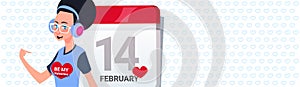 Modern Girl Over Calender Page Happy Valentines Day Greeing Horizontal Banner With Copy Space