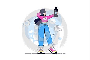 Modern girl taking selfie with her smartphone. Vector illustration