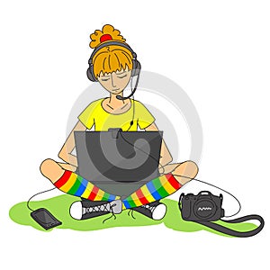 Modern girl and various gadgets