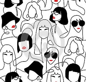 Modern and glamour one line drawing women faces seamless pattern. Lines modern fashion poster, minimalistic style.