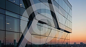 Modern glass building with angular architecture features large reflective windows