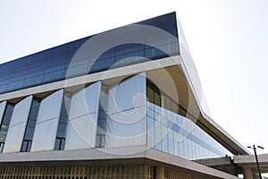 Modern glass building architecture corner view