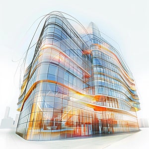 Modern glass building, light play on curves, sketch, high angle, soft lighting , professional color grading