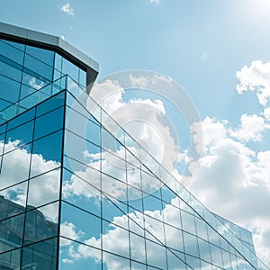 Modern glass building with reflective windows capturing the blue sky and clouds. The