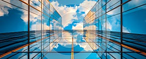 Modern glass buildings reflecting sky and clouds with bright sunlight corporate architecture photo