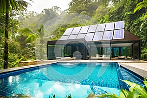 A modern glass bungalow with pool and solar panels on the roof in a rainforest.