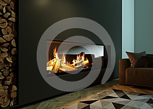 Modern glass corner fireplace in the interior