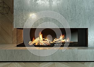 Modern glass corner fireplace in the interior