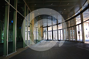 Modern glass entrance to the building in Moscow