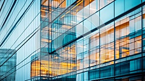 A Modern Glass Facade of a Building with Reflections of the Sky and Interior Lights