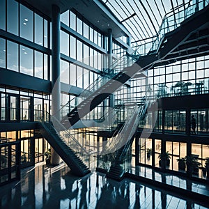 Modern Glass Facade Mall Shop, Large Space, Shopping centre, Sunny day, View from Windows, Generative Ai