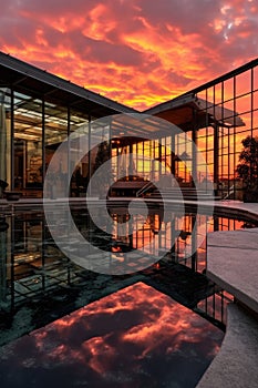 modern glass house with reflecting pool at sunset