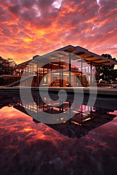 modern glass house with reflecting pool at sunset