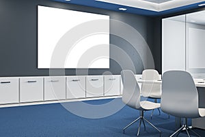 Modern glass meeting or conference room interior with furniture, blue carpet and blank mock up banner on wall. 3D Rendering