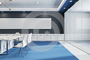 Modern glass meeting or conference room interior with furniture, blue carpet and blank wide black mock up banner on wall. 3D