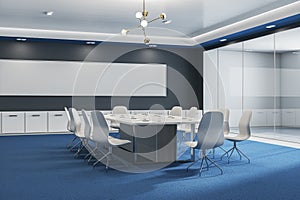 Modern glass meeting or conference room interior with furniture, blue carpet and blank wide black mock up frame on wall. 3D