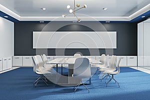 Modern glass meeting or conference room interior with furniture, blue carpet and blank wide black mock up poster on wall. 3D