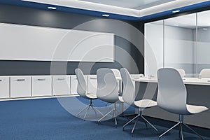 Modern glass meeting or conference room interior with furniture, blue carpet and clean wide black mock up banner on wall. 3D