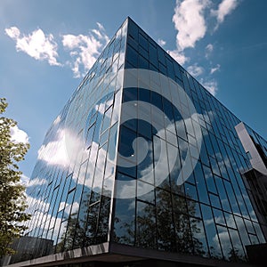 Modern Glass Office Building Reflecting Blue Sky