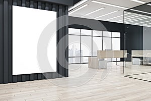 Modern glass office interior with reception desk, blank white mock up poster, and window with city view. Office lobby and waiting