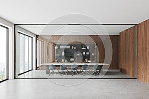 Modern glass office room interior with meeting board and panoramic window