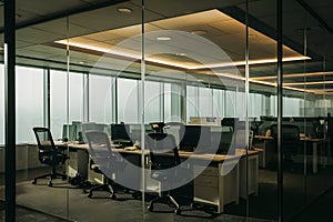 Modern glass partition with workstations flooded with natural and recessed lighting for a serene workspace photo