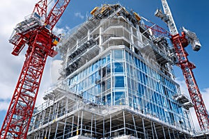Modern skyscraper under construction with cranes and scaffolding