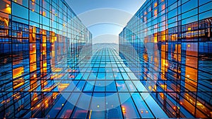 Modern glass skyscrapers perspective view with sky reflection, business concept