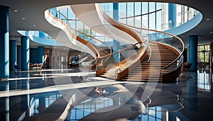 Modern glass staircase reflects futuristic design in bright, empty lobby generated by AI