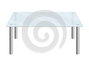 Modern glass table isolated on white background. Transparent coffee table icon with metal legs. Furniture for interior