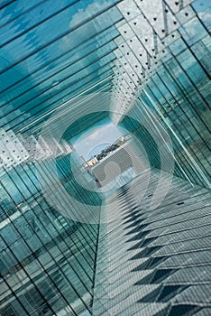 modern glass tunnel, contemporary architecture design, futuristic abstract perspective, centrum spotkania kultur, Lublin