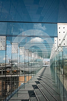 modern glass tunnel, contemporary architecture design, futuristic abstract perspective, centrum spotkania kultur, Lublin
