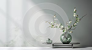 Modern glass vase with cherry flowers in sunlight from window on gray wall, shadow on white marble floor for decoration, luxury