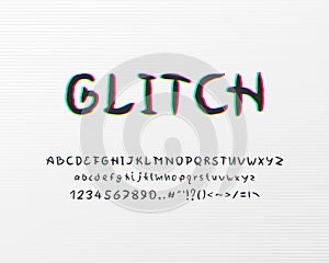 Modern glitch Alphabet. Handwritten vector typeface with stereo color effect. Capital and small letters, numbers, marks