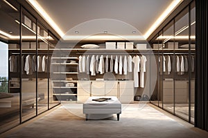 Modern glossy white walk in closet, minimal walk in wardrobe dressing room interior design. generative ai